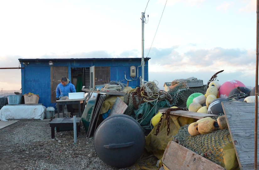 漁の道具を置いている、佐藤さんの青い小屋